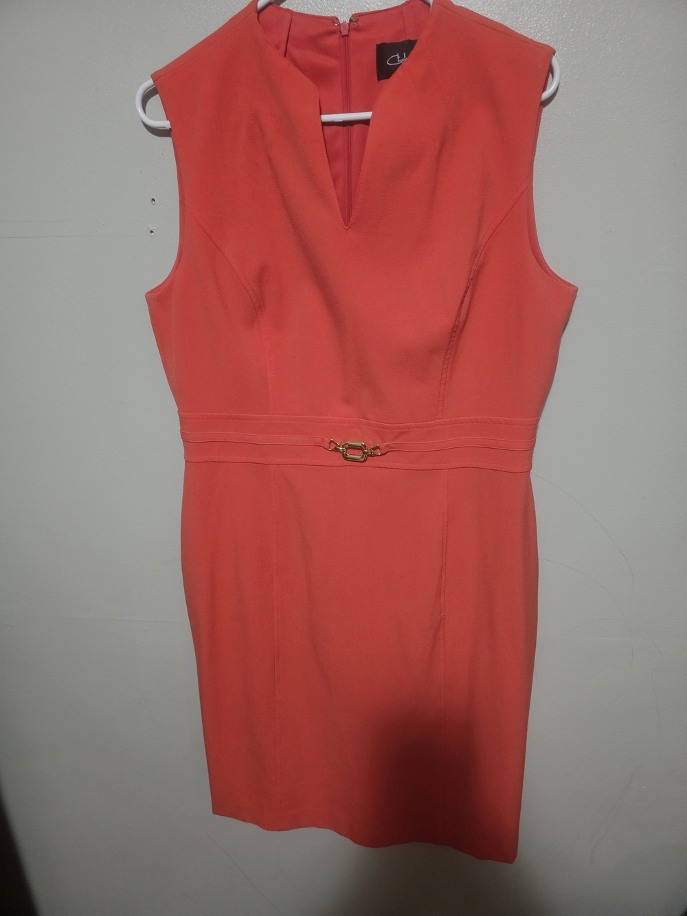 Coral Sleeveless Sheath Dress with Waist Buckle
